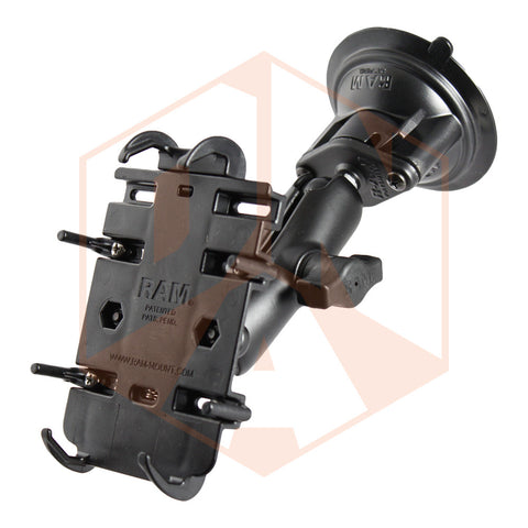 RAM Twist Lock Suction Cup Mount with Double Socket Arm & Quick-Grip™ Spring Loaded Phone Holder